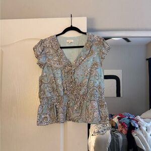 Parker Light Blue Paisley Ruffle V-Neck Blouse